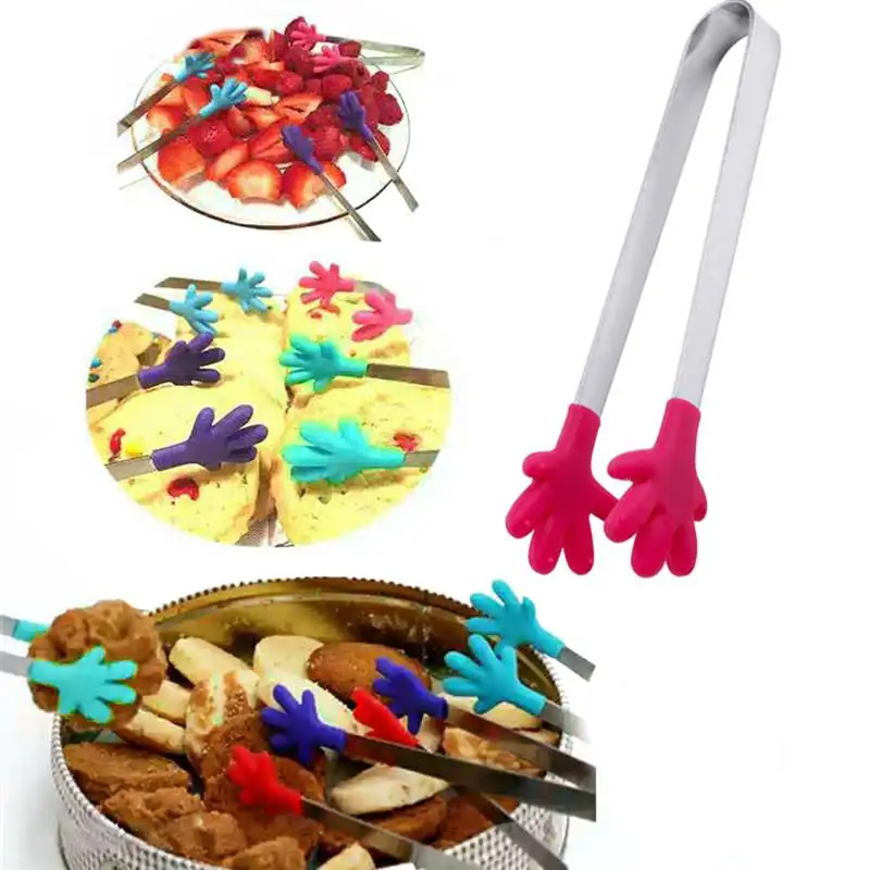 

Salad Serving BBQ Tongs Stainless Steel Handle Utensil Creative Hand Shape Home Kitchen Cooking Tools Mini Silicone Food Clip