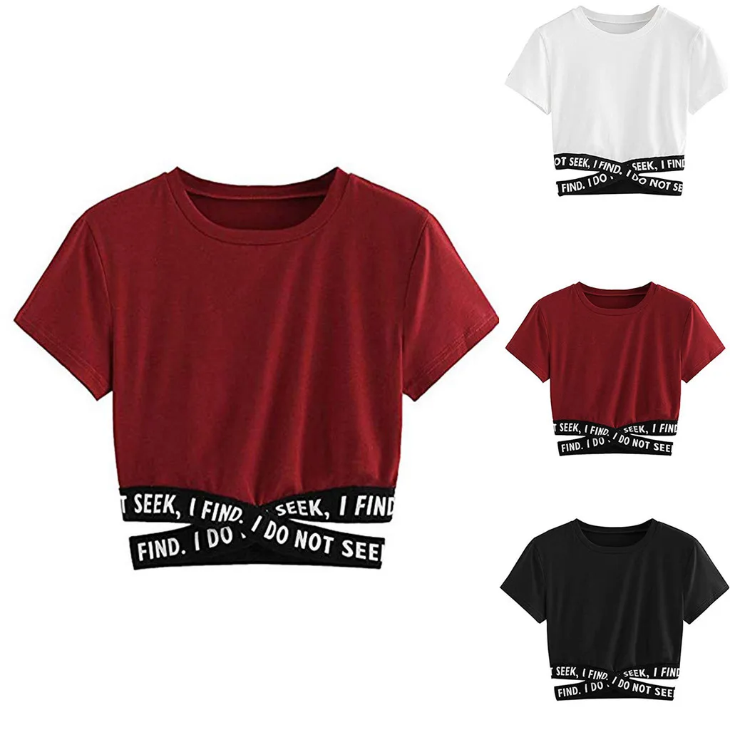Fashion Womens Lady Soild Letter T-Shirt Harajuku Kawaii Cross Bandage Sexy Tops Casual Summer Korean Style Top Tees Female | Женская