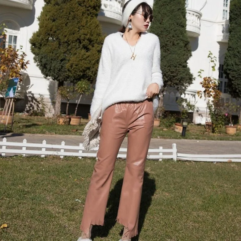 Весенние облегающие брюки из овечьей кожи кожаные женские однотонные до