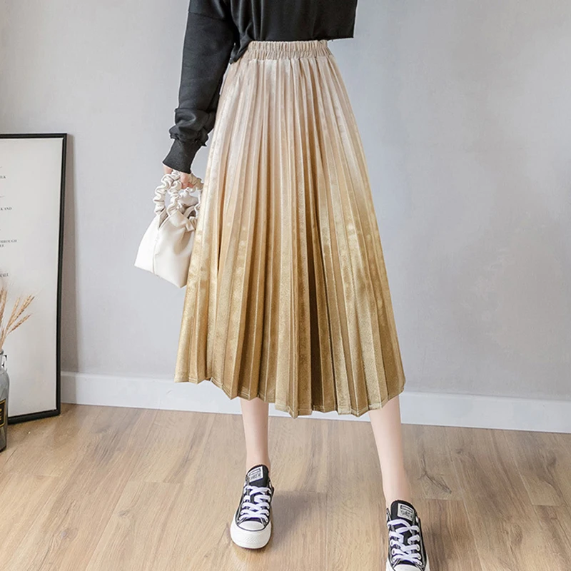 Женская плиссированная юбка средней длины длинная трапециевидная цвета