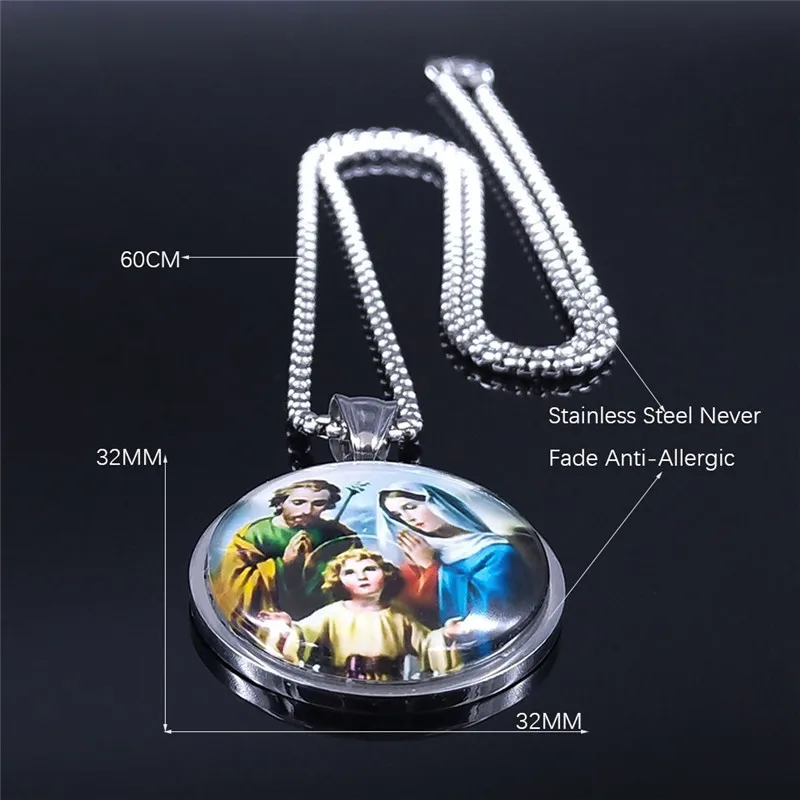 

2021 Christian Jesus Virgin Glass Stainless Steel Chain Necklace Men/Women Silver Color Religion Jewelry bijoux femme N5228S03