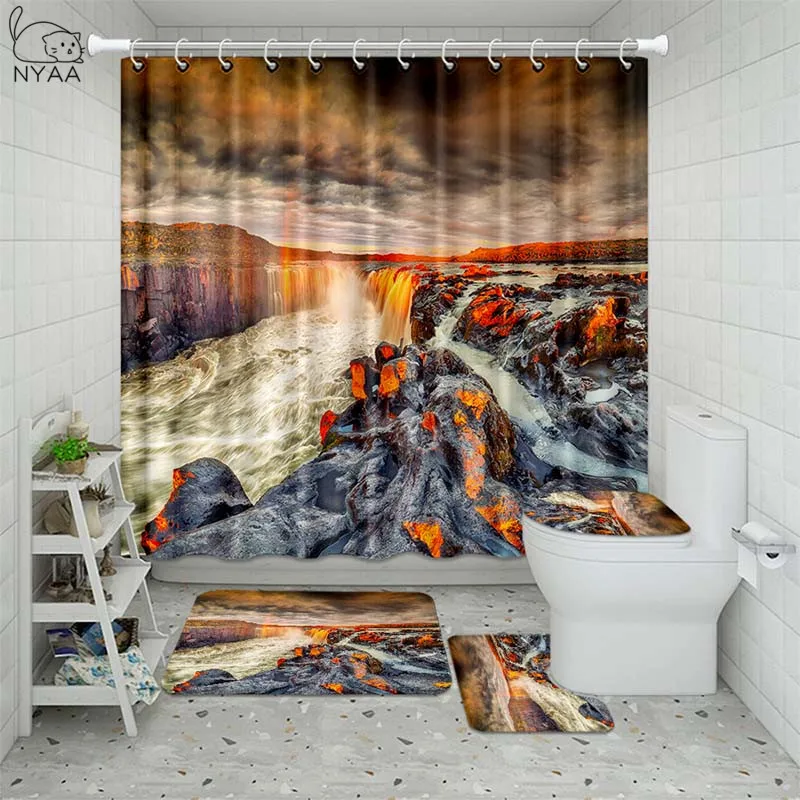 Miglior 3D Cascata Scenario Tenda Da Doccia Impermeabile Bagno Paesaggio Alberi Fiore Tappetino Da Bagno Set Piedistallo Coperchio Coperchio Wc