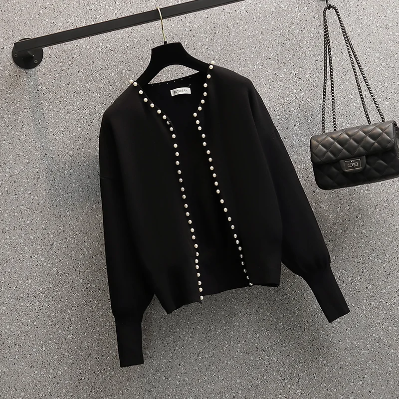 Женский черный костюм большого размера кардиган с жемчугом жакет топ и платье на