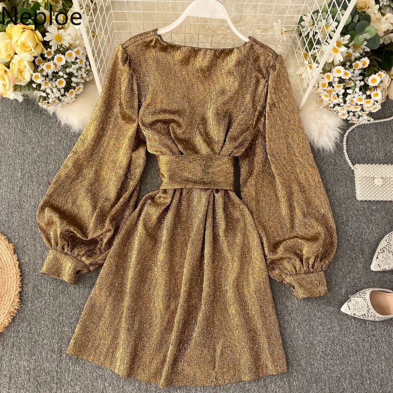 Женское платье с v образным вырезом Neploe Золотое приталенное высокой талией и