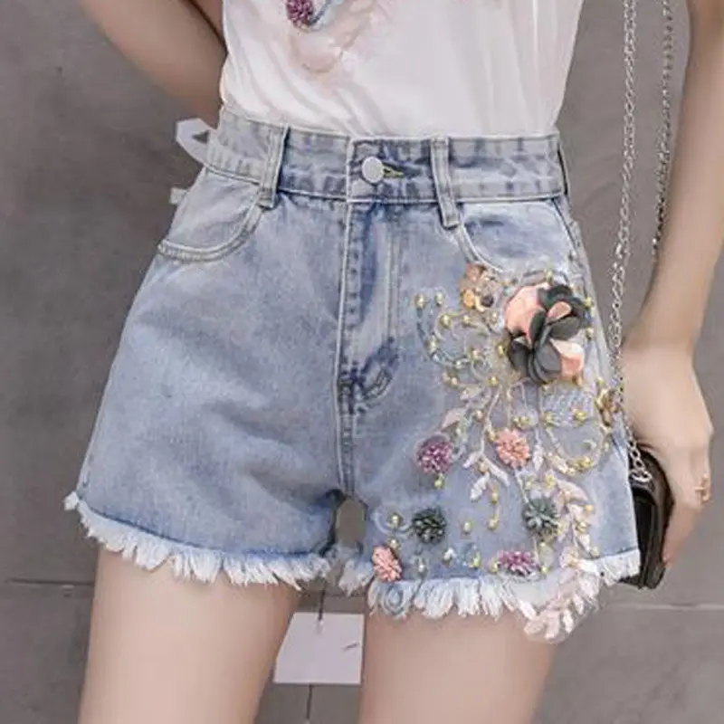 Summer new female embroidered sequins girl short sleeve T-shirt rough denim shorts two fashion suits  Wide Leg Pants