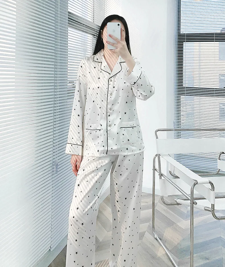 Women Stain Pajama Set Silk-like Glossy Piped Long Sleeve Top and Pants Full Printed Nightwear Ladies Homewear Loungewear