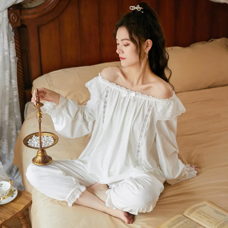 

Palace Princess Pyjamas Long Sleeve Lace Women's Cotton Pajamas Sexy Sleepwear Set Upscale Embroidery Pijamas Mujer Home Clothes