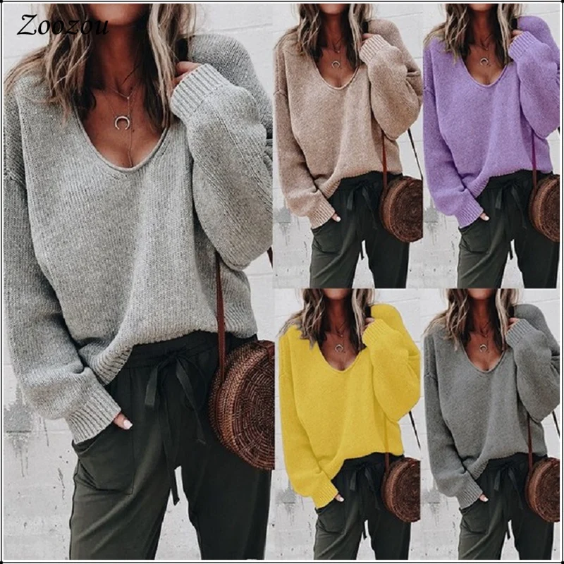 

2020 New Autumn And Winter New Loose Knitted Sweaters Female Fashion Solid Casual Sexy V Neck Pullover Long Sleeve Woman Sweater