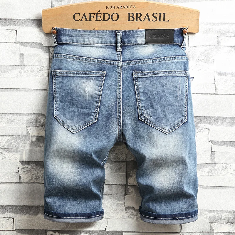 

2021 Summer Men's Ripped Denim Shorts Street Hipster Spider Embroidery Knee Length Jeans Youth Trendy Light Blue Short Pants