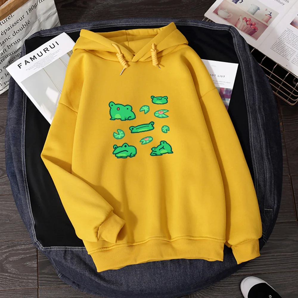 Hoody Hoodie Oversized Womens Hooded Fleece Lined Sweatshirts Men Sweetshirts Korean 90's Aesthetic Frog Printing Kawaii Graphic
