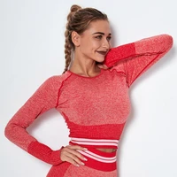 women seamless top long sleeve yoga t shirts cropped top fitness gym shirt hollow mesh sports top striped knitted t shirts