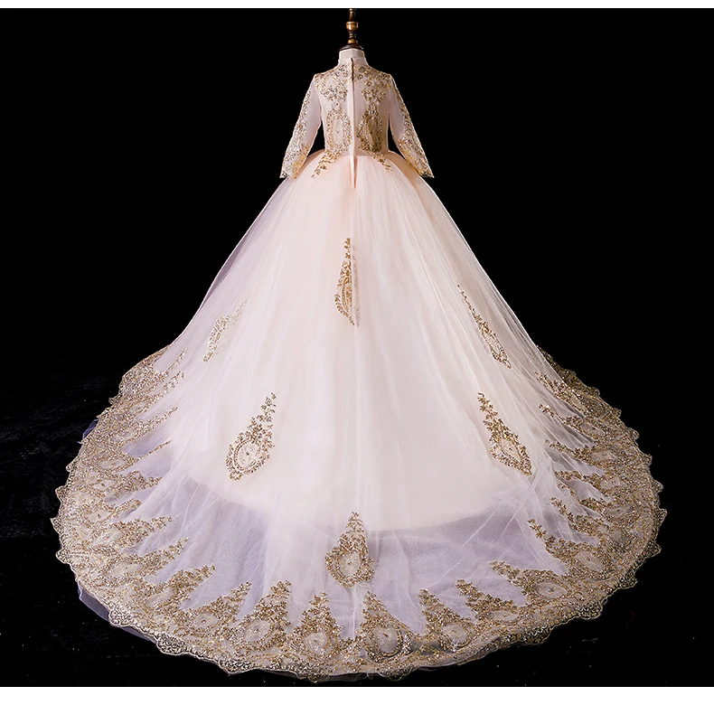 Платье принцессы Золотистые кружевные платья с цветочным узором для девочек