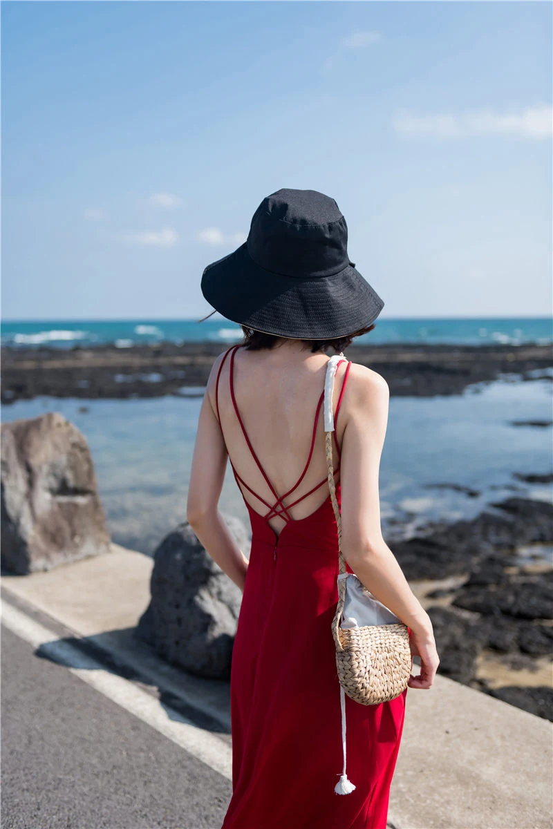 

Red Beach Skirt Female Thailand Seaside Holiday Dress Summer 2021 New Skirt Thin Super Fairy Open Back Long Skirt