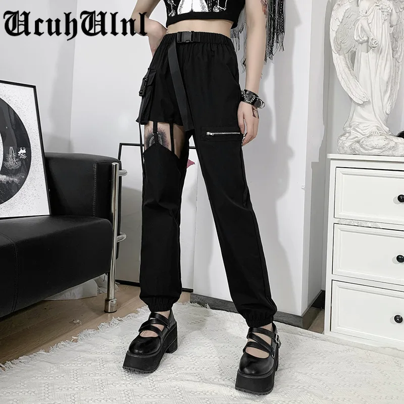 

Goth Black Cargo Pants Punk Streetwear Hollow Out Big Pocket Trousers Harajuku Grunge High Waist Buckle Zipper Pants