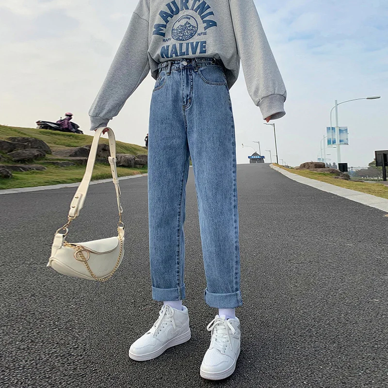 Женские джинсы с двумя пуговицами, свободные брюки-султанки с высокой талией из денима, весна 2021