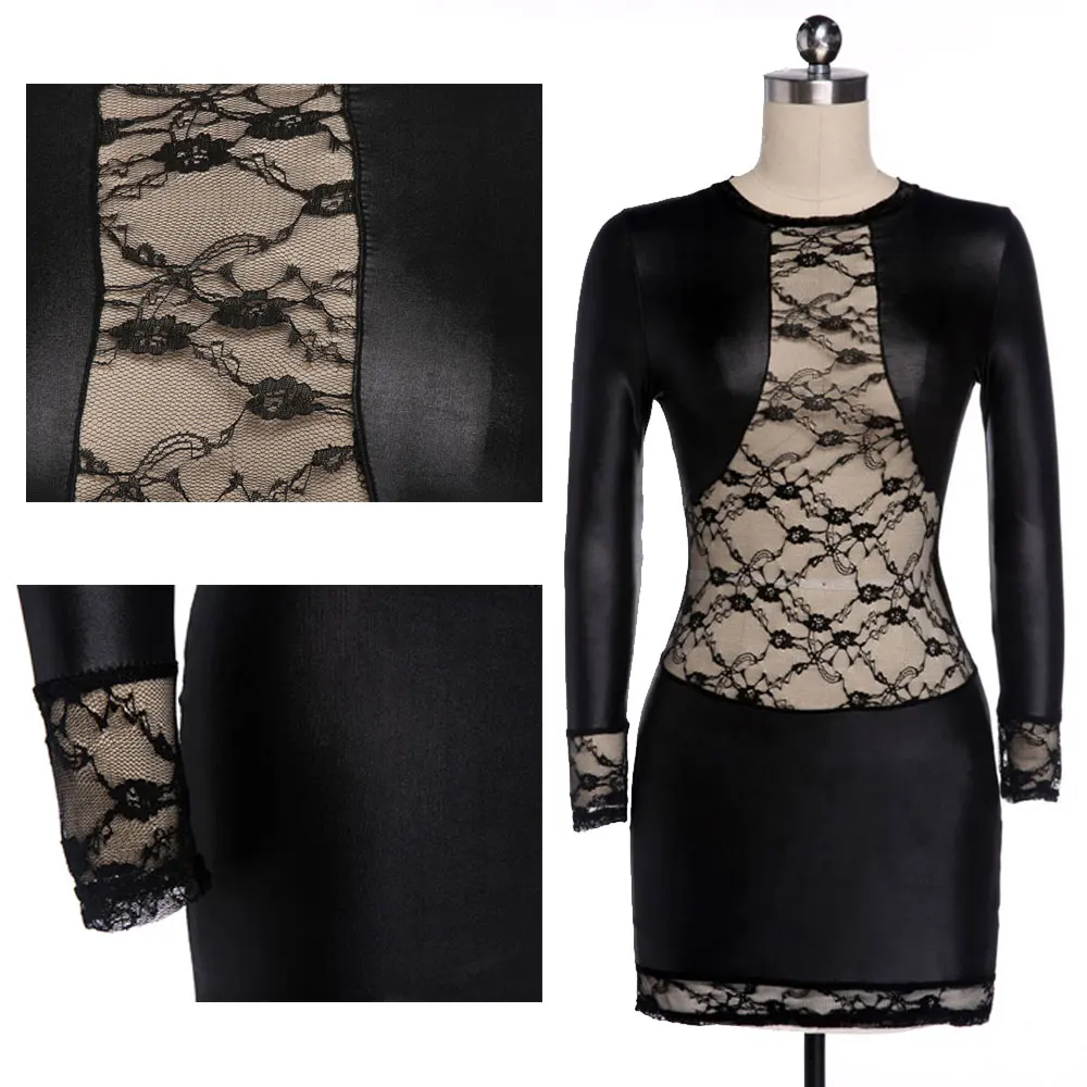 Wetlook платье из искусственной кожи сексуальное нижнее белье кружевное женские