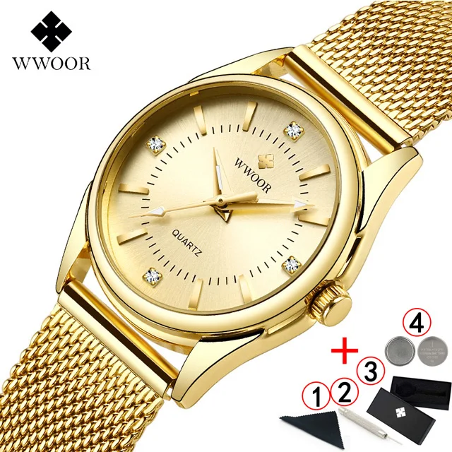 gold-with-box WWOOR Для женщин часы Элитный бренд платье с бриллиантами золотые наручные часы Нержавеющая сталь женские часы золотые кварцевые часы Для женщин - Цвет: gold-with-box