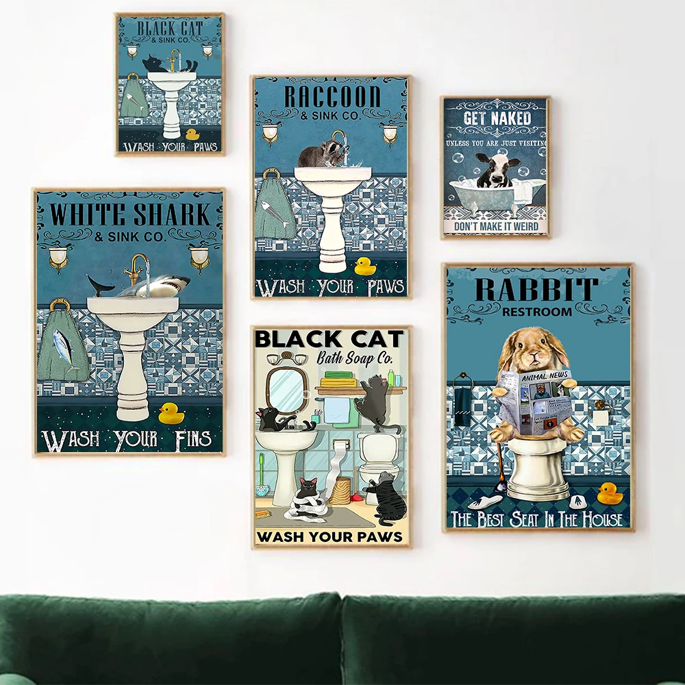 

Black Cat Shark Bathroom Wall Art Print Rabbit Raccoon Poster Get Nude Quote Toilet Canvas Painting Pictures Room Wall Decor