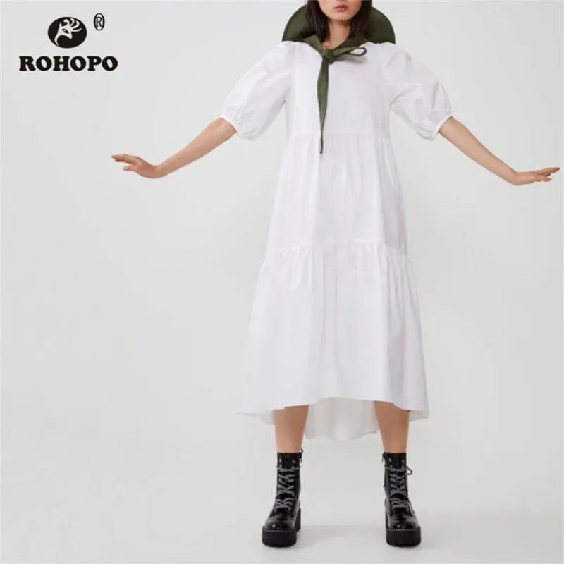 ROHOPO женское белое платье средней длины с пышными рукавами и круглым воротником