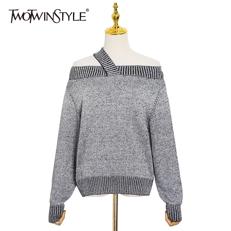 

Женский вязаный короткий свитер TWOTWINSTYLE, вязаный короткий свитер с вырезом лодочкой, длинным рукавом и открытыми плечами, осень 2020