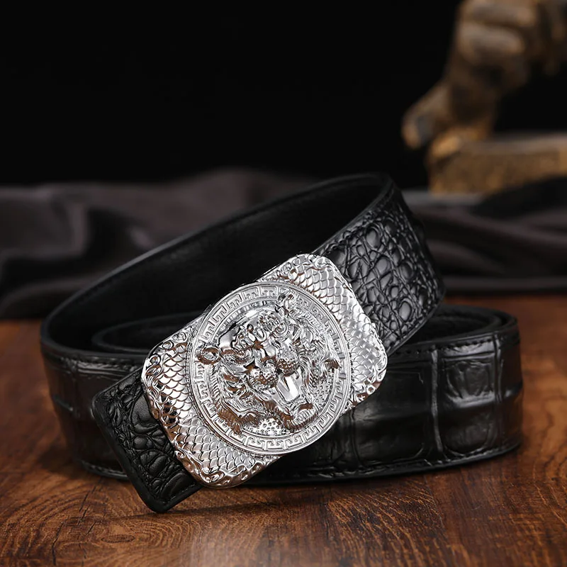 Tiger buckle Крокодиловая черная кожа, повседневный мужской ремень, роскошная Золотая Пряжка со львом из воловьей кожи, ремень из натуральной кожи для джинсов, деловой ремень, мужские подарки - Цвет: Tiger buckle