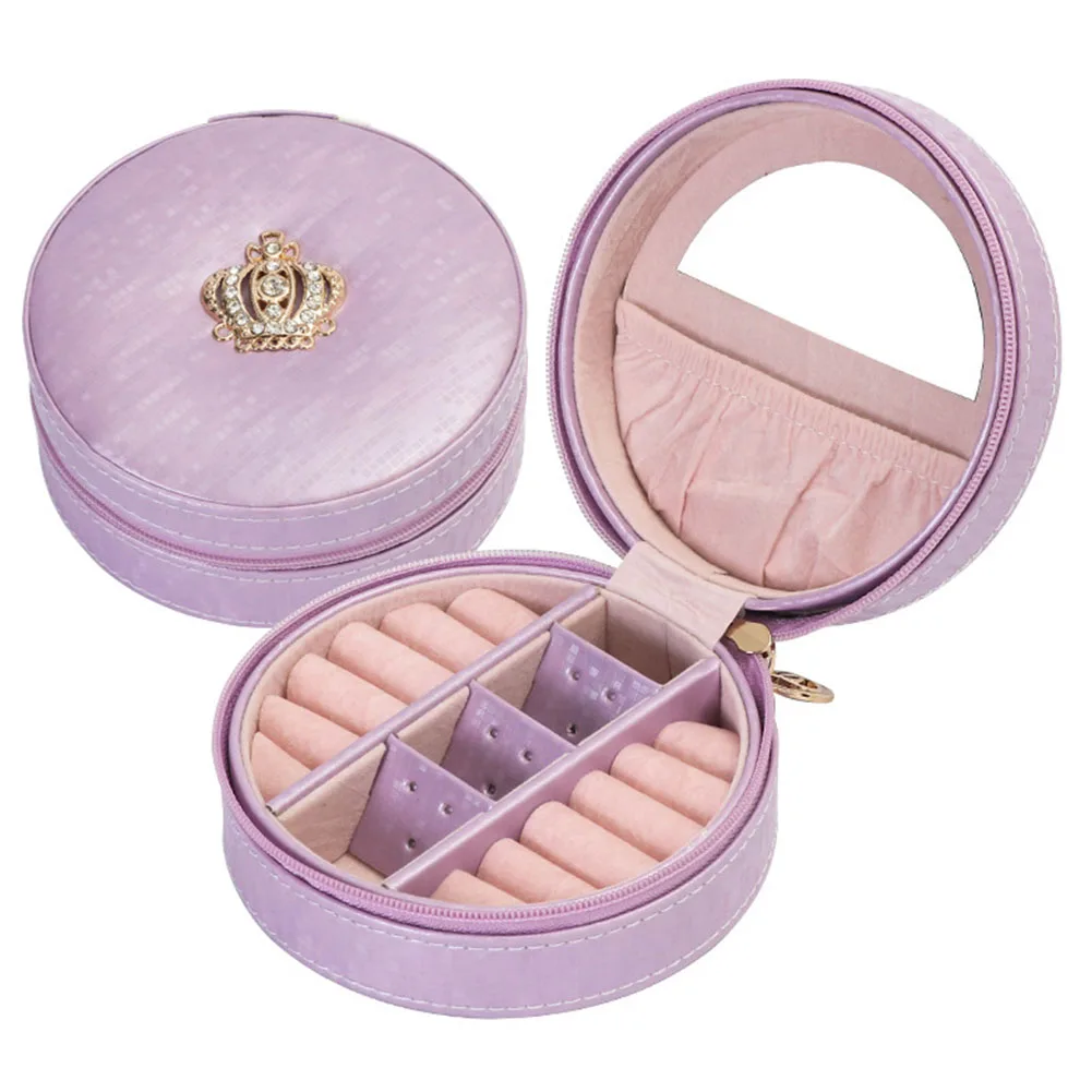 

Solid Organizer Jewelry Box With Mirror Earring Holder Crown Design Display Portable Rings Necklace PU Leather Round Case