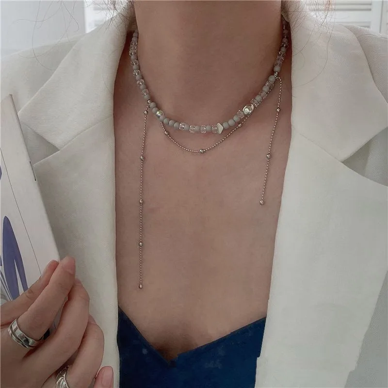 

Vintage Silver Color Metal Imitated Pearl Round Clavicle Chain Irregular Geometric Beaded Necklace for Women Gifts