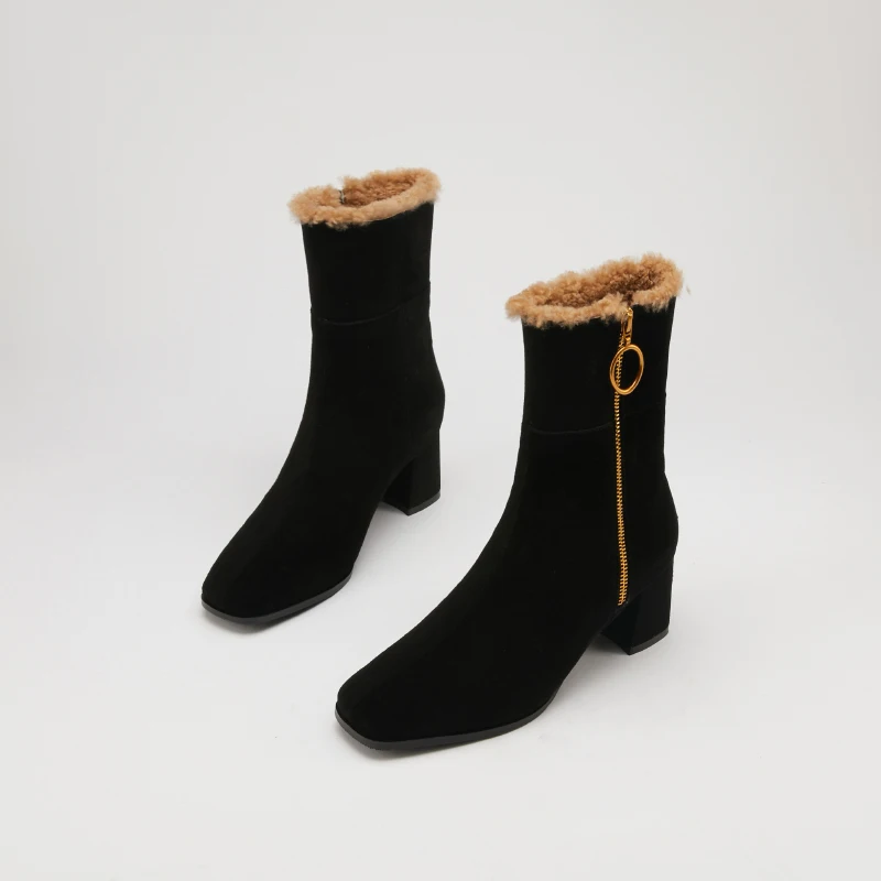 

Meotina Real Wool Fur Ankle Boots Genuine Leather High Heel Woman Boots Zipper Thick Heel Shoes Square Toe Short Boots Female 40