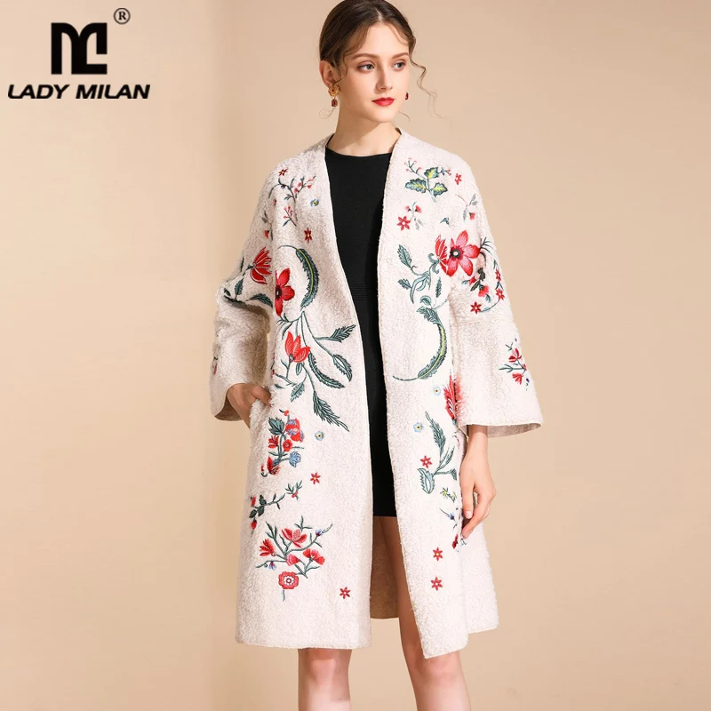 Winter Women's Runway Coat O Neck Long Sleeves Embroidery Lambwool Fashion Designer Coats Outerwear | Женская одежда