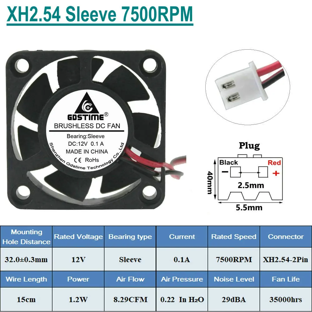 10 штук в партии Gdstime DC 12V 2Pin 4 см 40x40x10 мм 40 мм 4010 маленький Бесщеточный Охлаждающий вентилятор - Цвет лезвия: 2Pin Sleeve 7500RPM