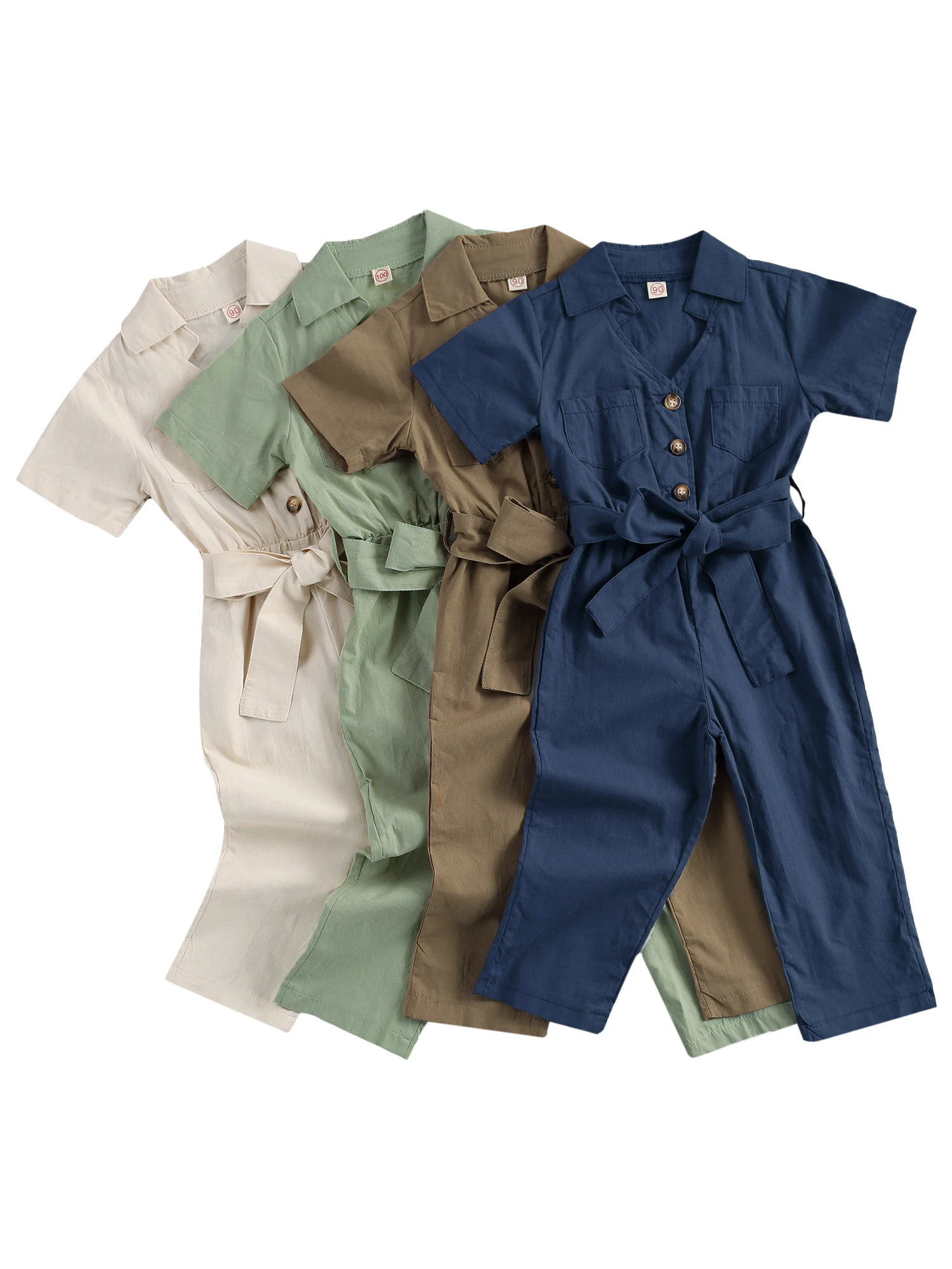 

1-6Y Kids Baby Girl Boy Rompers Overalls Button Down Jumpsuit Short Sleeve Lapel Solid Color Belted One-Piece Coverall