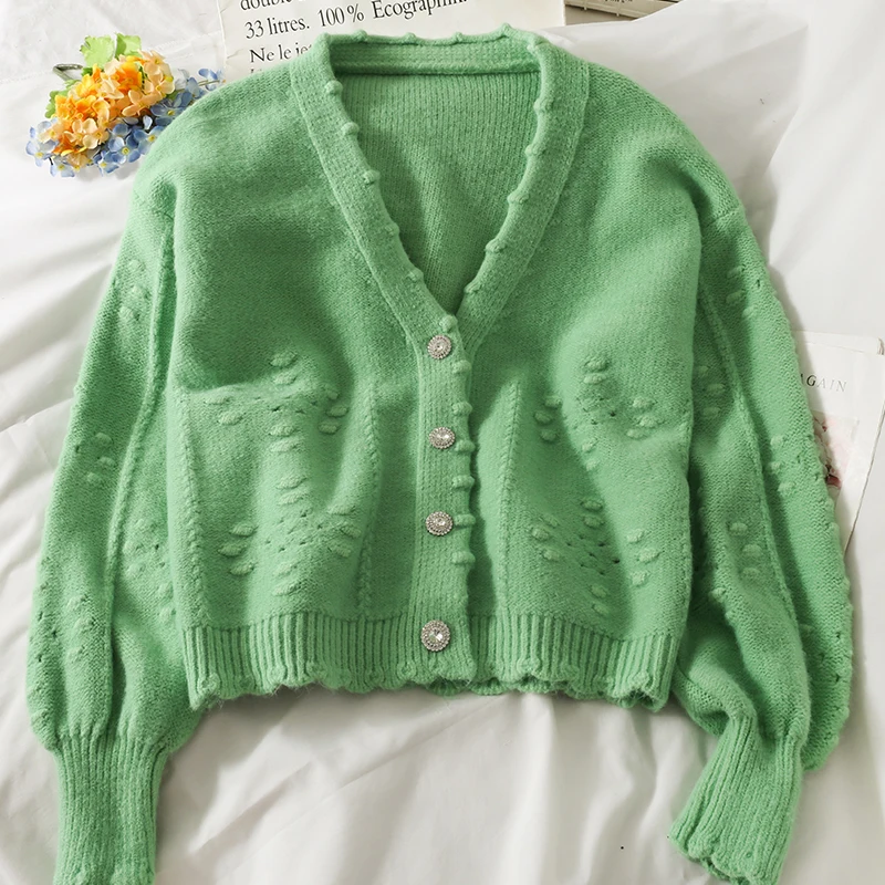 

Новинка осенний кардиган женский свитер свободное вязаное пальто с вырезами длинный рукав с кристаллами пуговицами корейский модный женск...