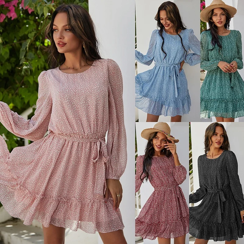

Spring Fashion Sweet Ruffle Print Dress Women Casual O Neck Lantern Sleeve Sashes Dress Female Elegant A-Line Mini Floral Dress