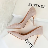 european and american sexy nightclub metal super high heel sequined cloth shallow pointy womens single shoes