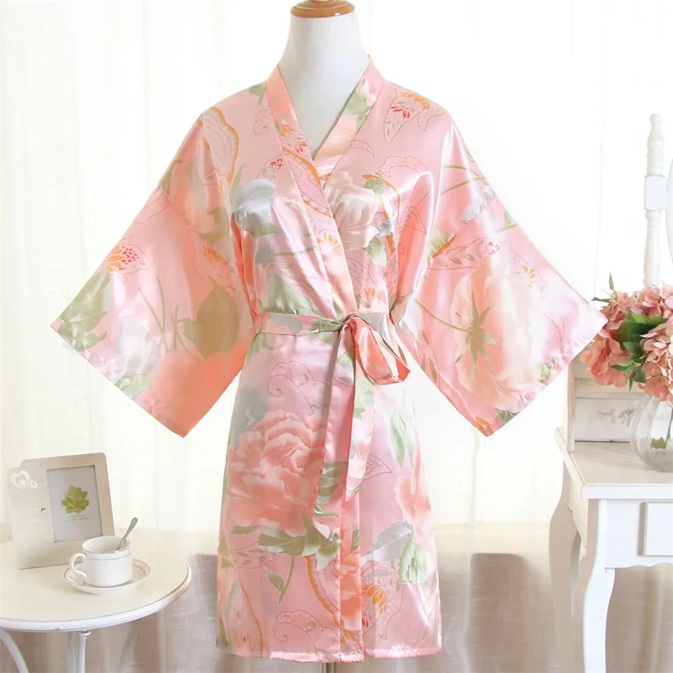 

Robe Satin Loose Sexy Sleepwear Lady Silky Print Flower Nightgown Wedding Party Gift Nightdress Women Short Home Dressing Gown