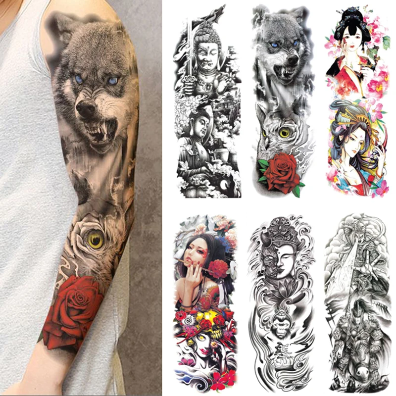 Large Arm Sleeve Tattoo Temporal Sticker Waterproof Owl Carp Skull Geisha Rose Decals Wolf Devil Hotwife Cool Stuff Fake Tatoo