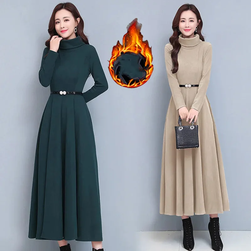 Фото Элегантное бархатное длинное платье с высоким воротником женские зимние Элегантное бархатное длинное платье с высоким воротником женские зимние