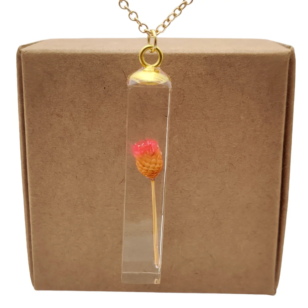 

Pink Happy Daisy Real Flower Transparent Cube Resin Pendant Gold Color Chain Long Necklace Women Boho Fashion Jewelry Bohemian