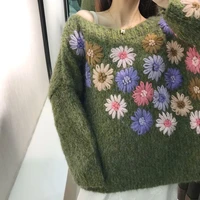 pull femme floral embroidery pullover women sweater 2021 sexy strapless bat knitted top green causal loose knitwear