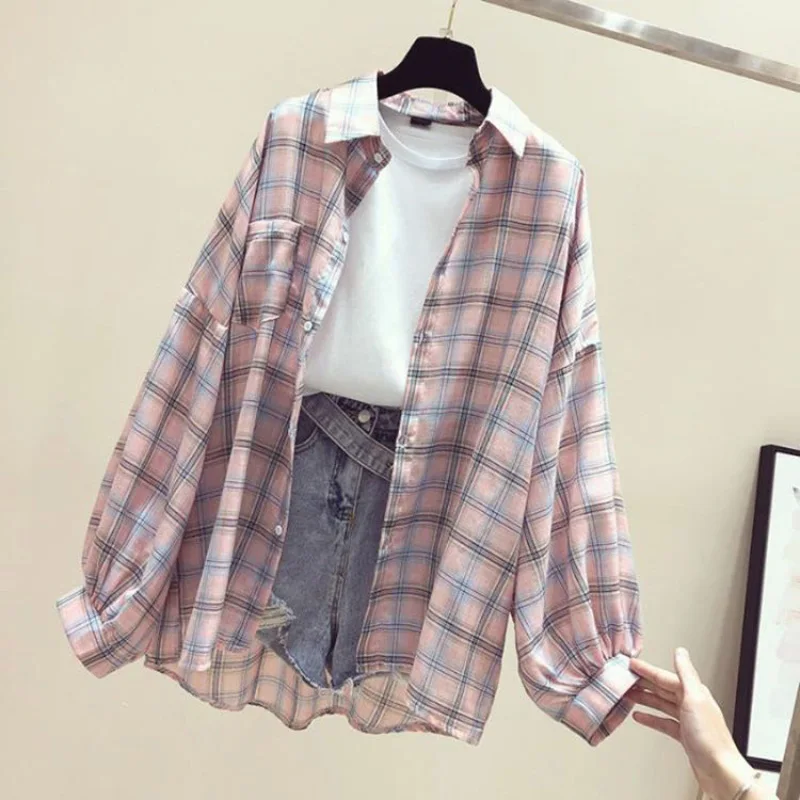 

Female Casual Print Shirts Loose Cotton Tops Sunscreen Free 2021 Fashion Women Plaid Shirt Oversized Checked Blouse Long Sleeve