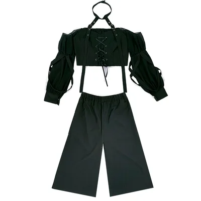 

Hot Girl Gothic Harajuku Rock Black Long Sleeve Bandage Splicing Fashion Punk Navel Revealing Kawaii Cool Girl Top Suit