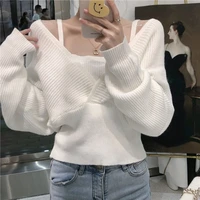 2021 autumn korean version waist waist was thin fake two off shoulder long sleeved sweater short v neck ladies sweater sweater