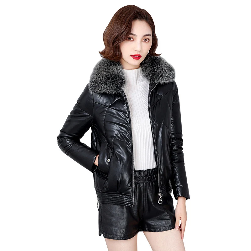 

2023 New Women Winter Sheepskin Coat White Duck Down Thick Warm leather Overcoat Elegant Ladies Plus Size Loose Jacket OK1301