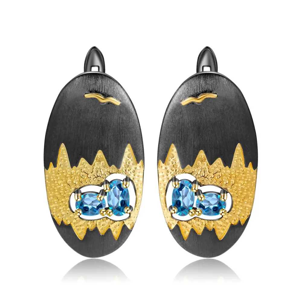 Серьги гвоздики женские из серебра 925 пробы с натуральным голубым топазом