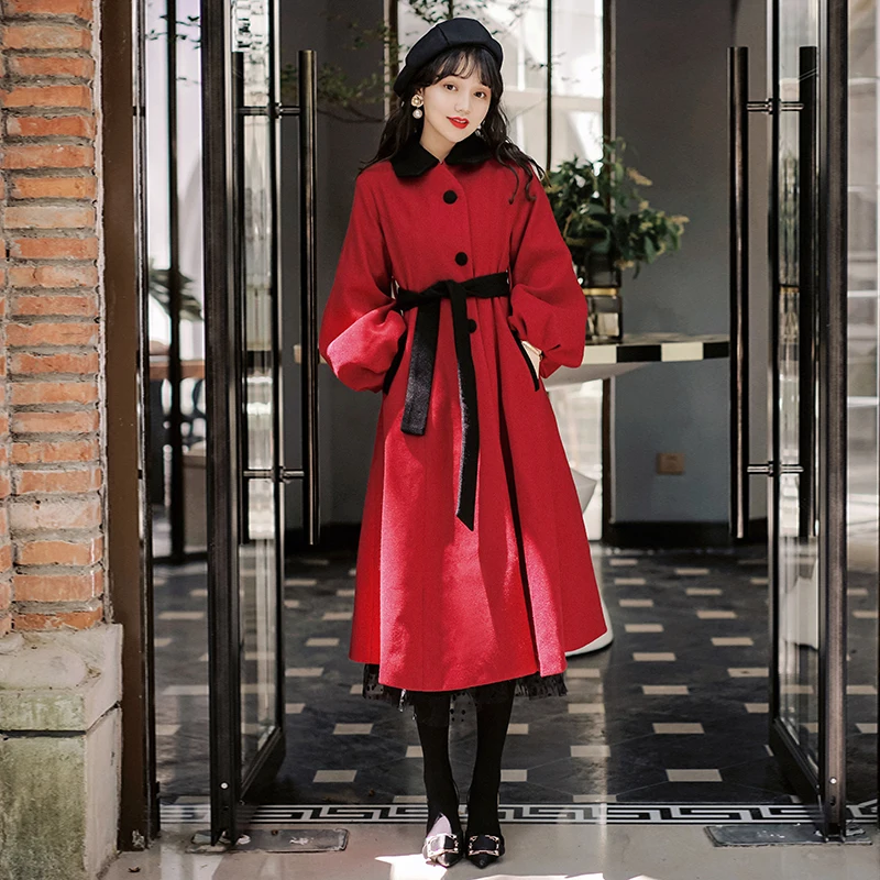 

Red woolen female long section 2019 new winter thick Audrey Hepburn dress temperament was thin woolen retro