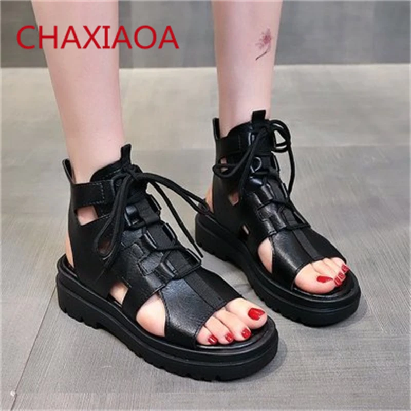 

CHAXIAOA Vintage Leather Gladiator Sandals Ladies Peep Toe Cross-tied Women's Summer Platform Shoes Cut-out Female Roman Sandals