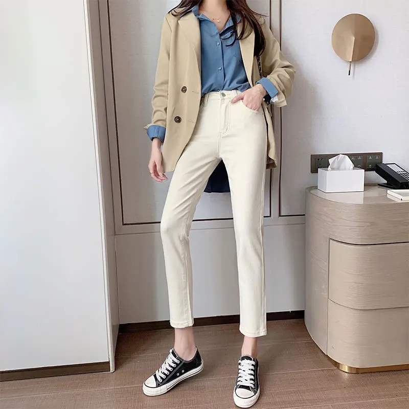 

Woman Jeans Pants Apricot High Waist Jeans White Pants for Women Autumn Winter