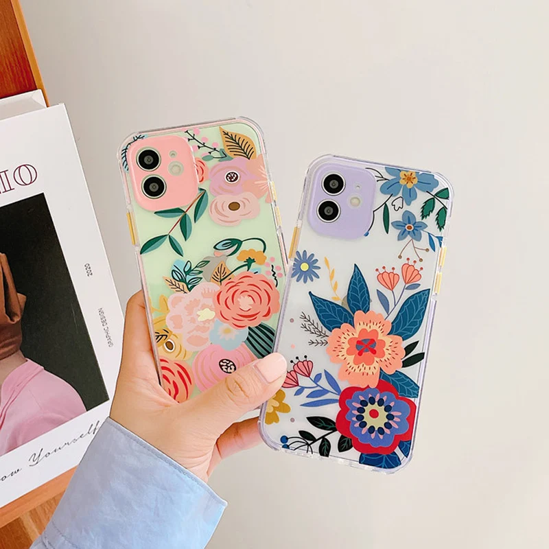 

Cute Peony Flowers Clear Bracelet Phone Cases For iphone 12 11 Pro Max X XS Max XR 8 7 SE 2020 Pearl Chain Soft Back Cover Shell