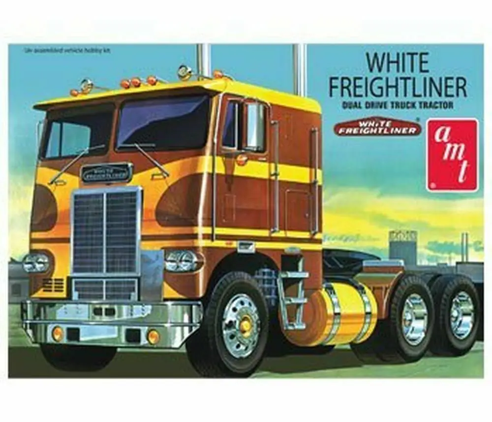 Раунд 2 AMT620 1:25 белый Freightliner двойной привод Cabover Тракторная Модель набора