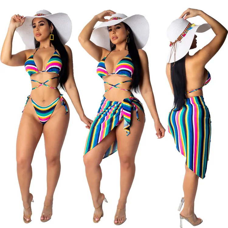 

Sexy Bikinis Women Swimsuit Stripe Printed Three Piece Set Spaghetti Strap Sleeveless Crop Top+Short Pants And Cover Up
